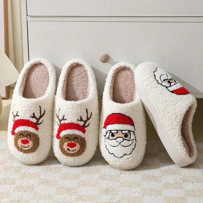 Christmas Home Slippers Cute Cartoon Santa Claus Cotton Slippers For Women And Men Couples Winter Warm Furry Shoes